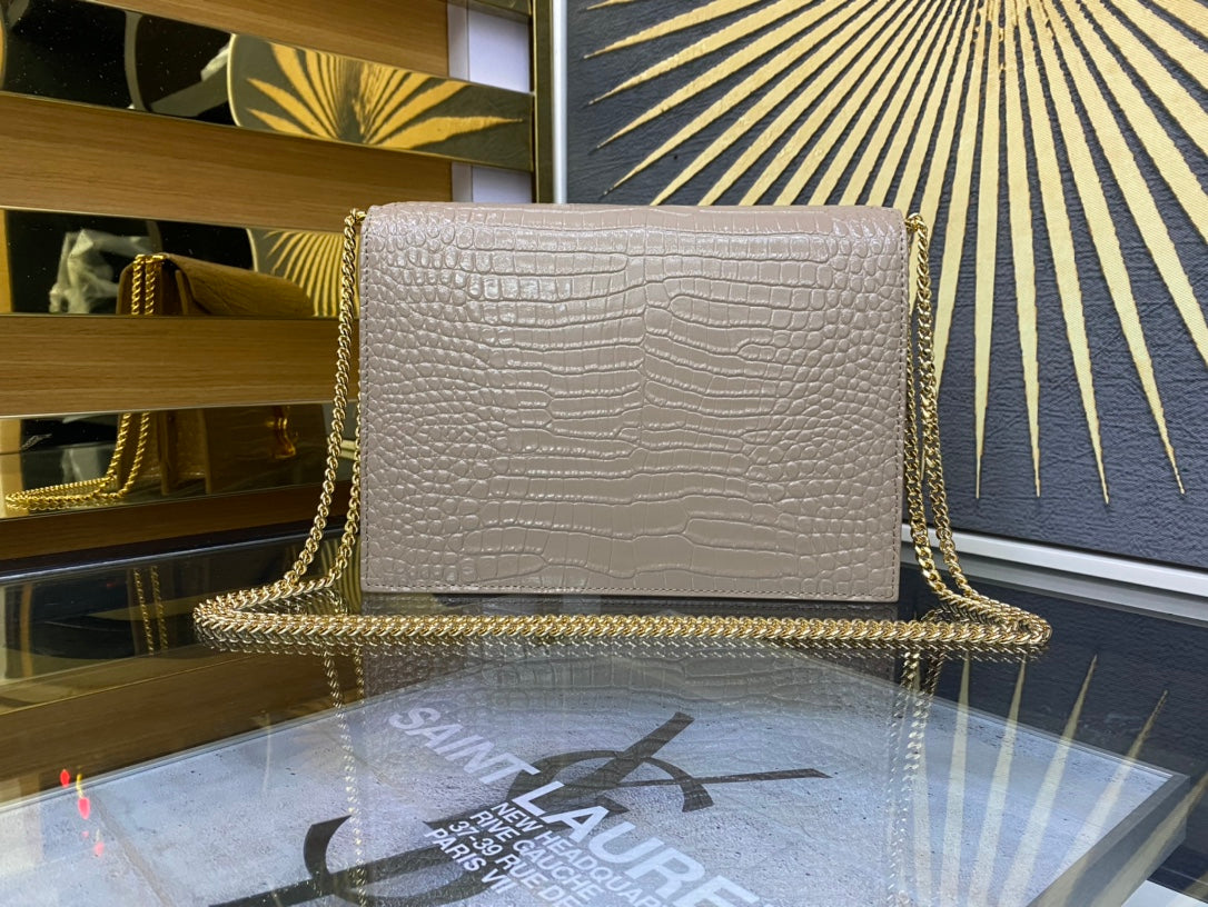 Saint Laurent Cassandre Envelope Chain Wallet - Beige Crocodile-Embossed Leather