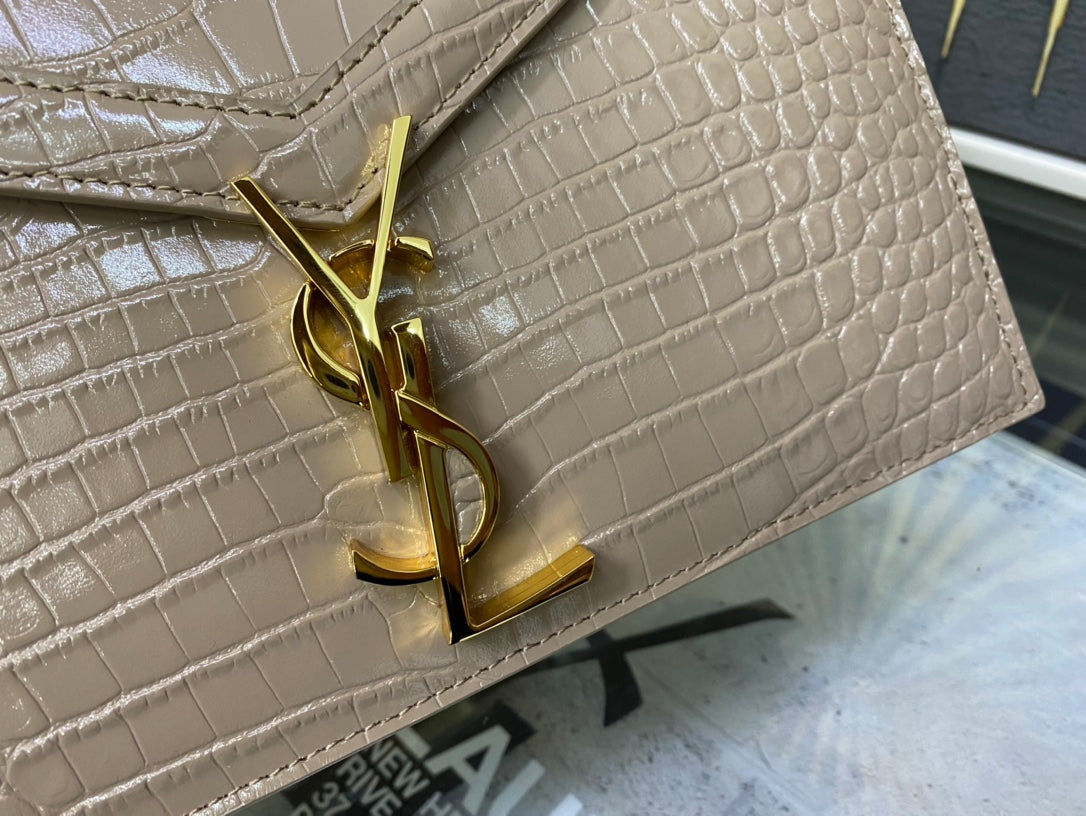 Saint Laurent Cassandre Envelope Chain Wallet - Beige Crocodile-Embossed Leather
