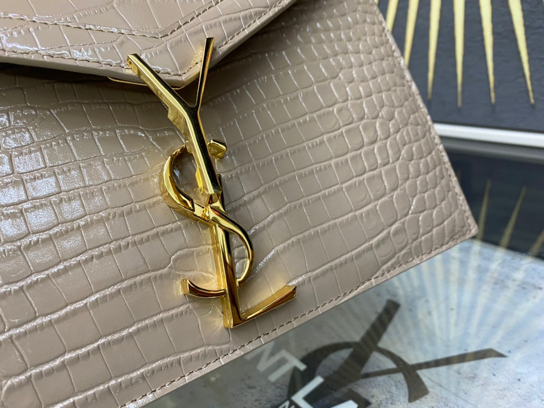 Saint Laurent Cassandre Envelope Chain Wallet - Beige Crocodile-Embossed Leather