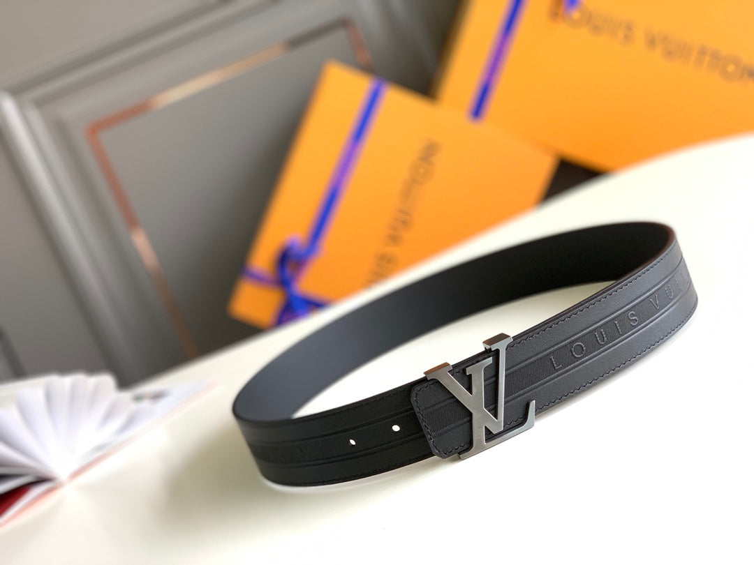 Louis Vuitton Men's LV Initiales Black Leather Belt with Silver-Tone Buckle, Luxury Designer Fashion Accessory