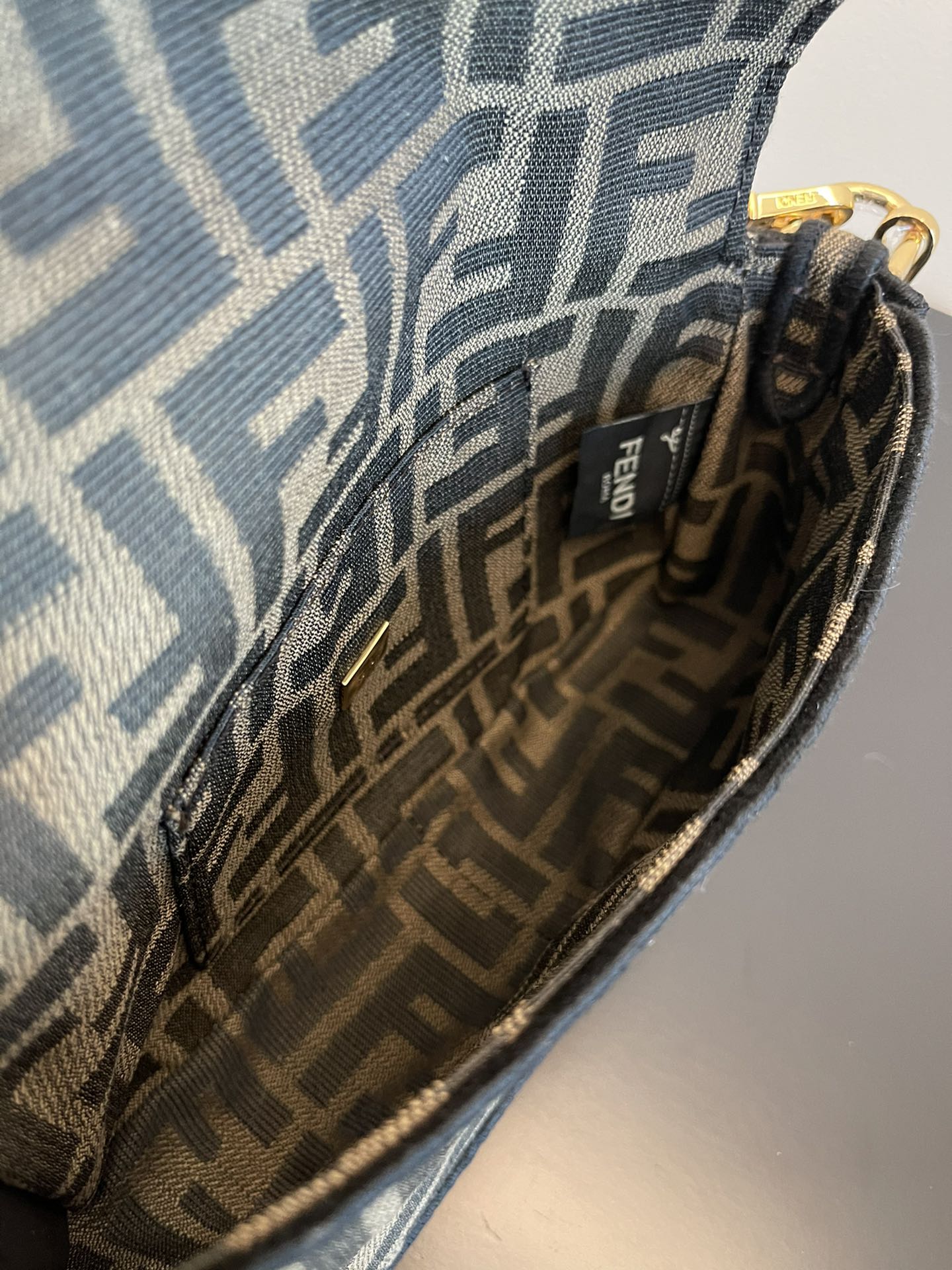 Fendi Mini Baguette Bag in FF Jacquard Fabric with Gold Chain Strap