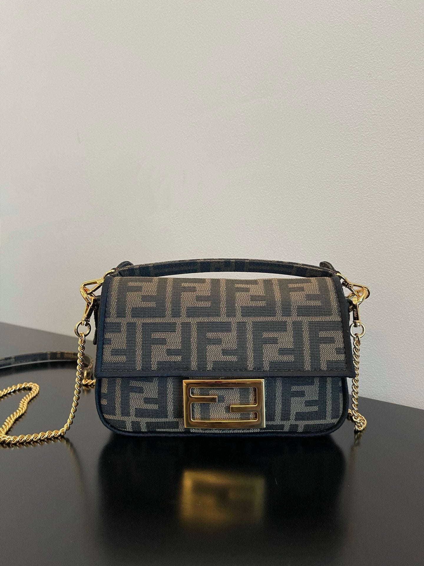 Fendi Mini Baguette Bag in FF Jacquard Fabric with Gold Chain Strap