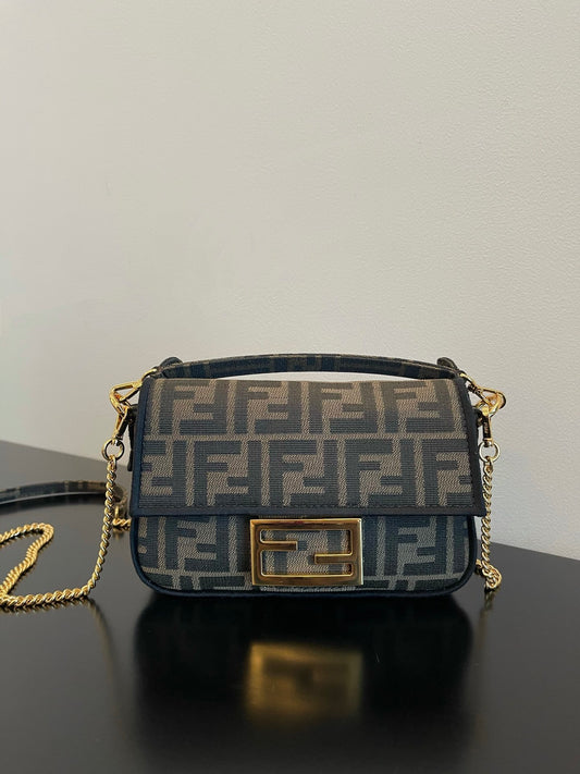 Fendi Mini Baguette Bag in Iconic FF Logo Canvas with Gold-Tone Hardware
