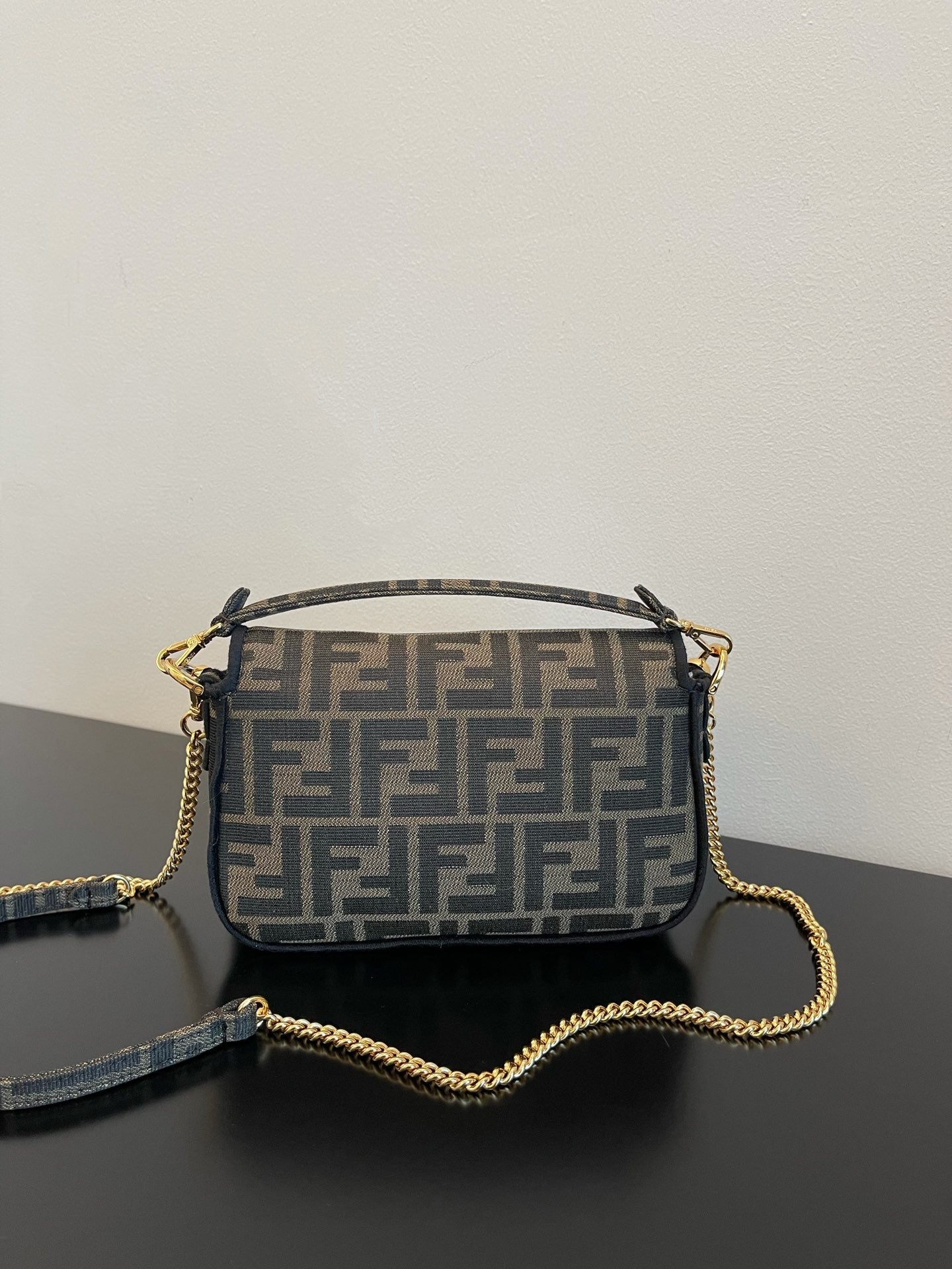 Fendi Baguette Zucca Monogram Canvas Shoulder Bag with Gold-Tone Chain