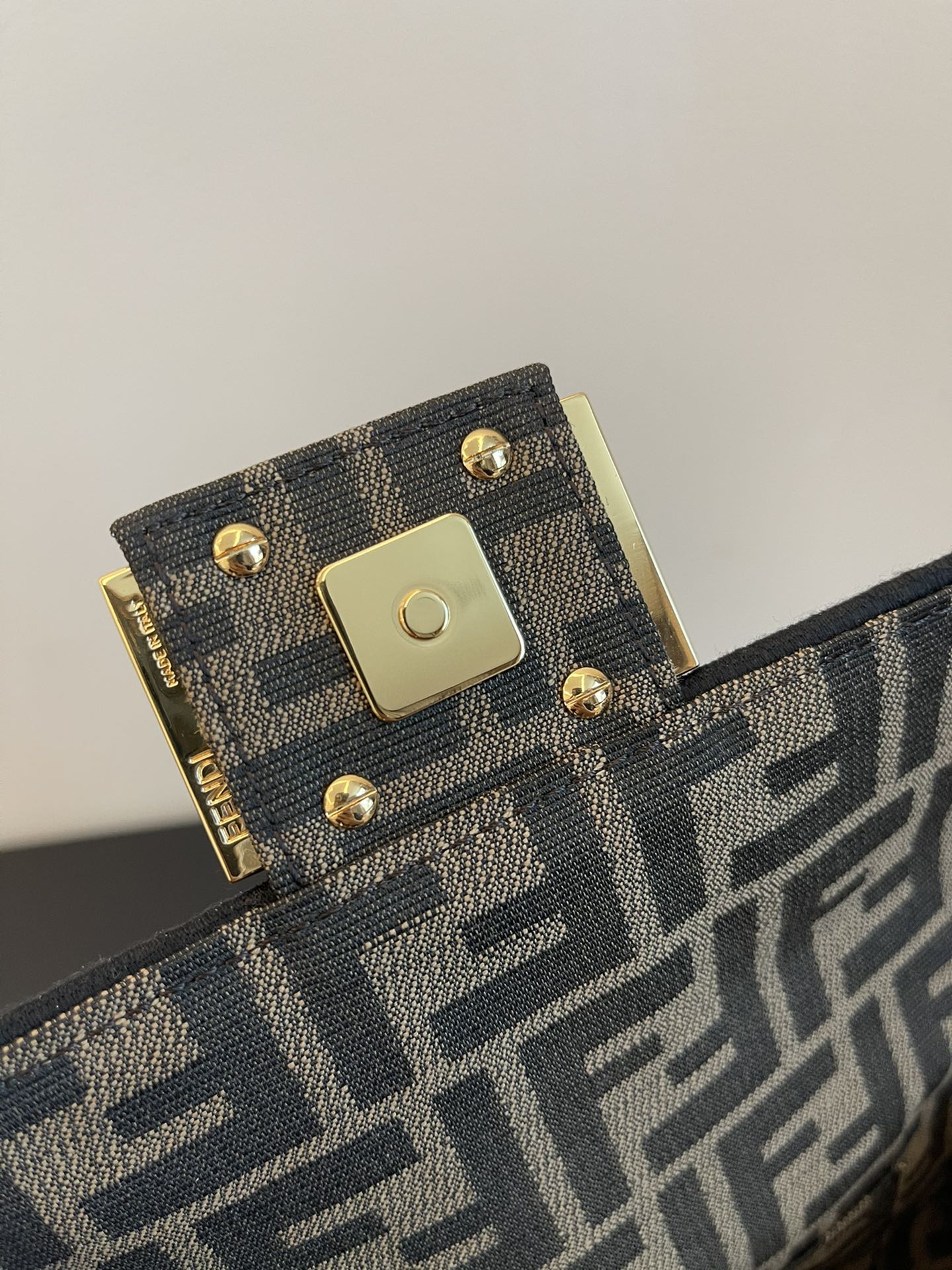 Fendi Monogram Canvas Baguette Bag with Gold-Tone Chain Strap - Navy/Grey