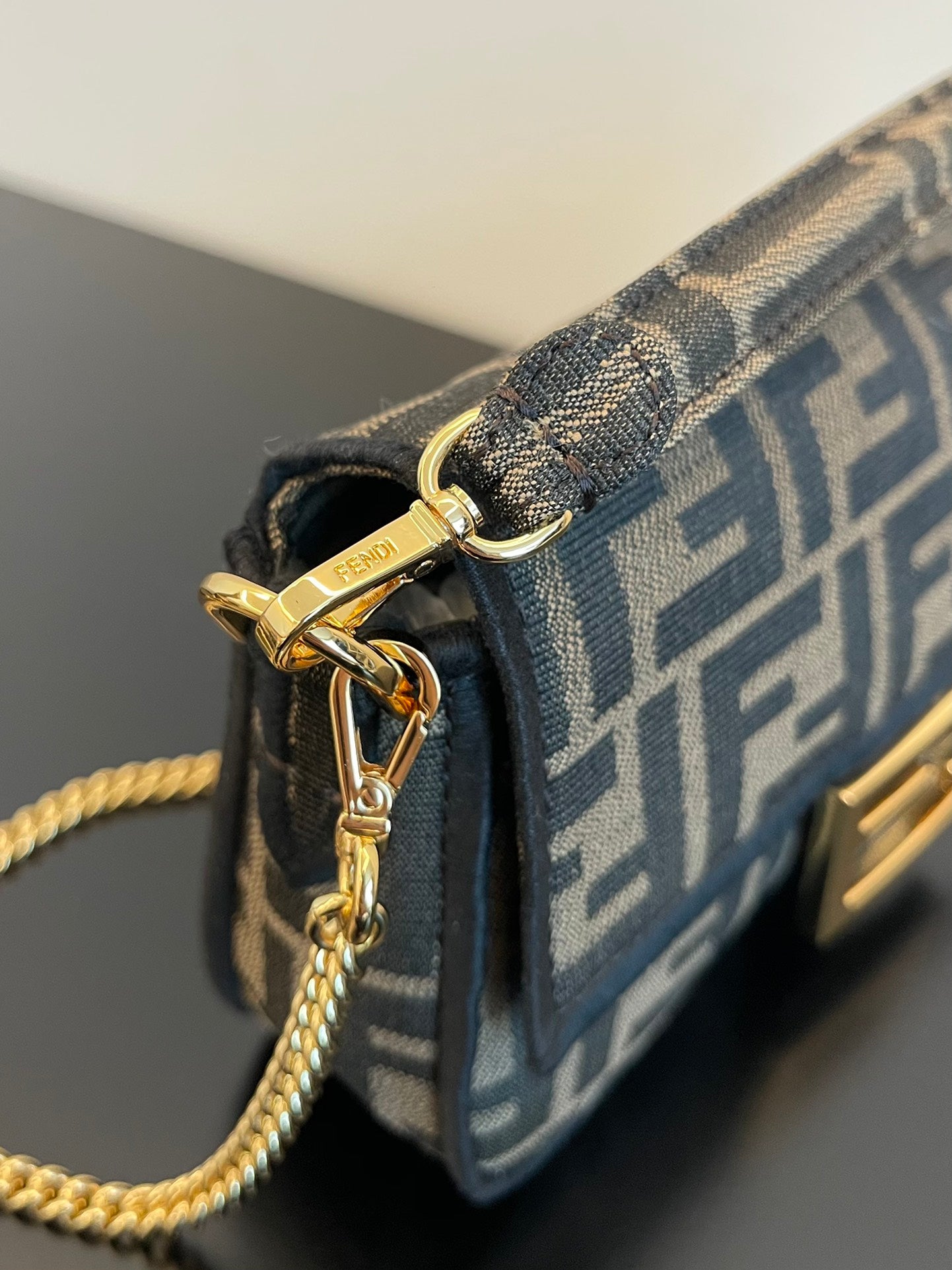 Fendi Mini Baguette Bag in FF Jacquard Fabric with Gold Chain Strap