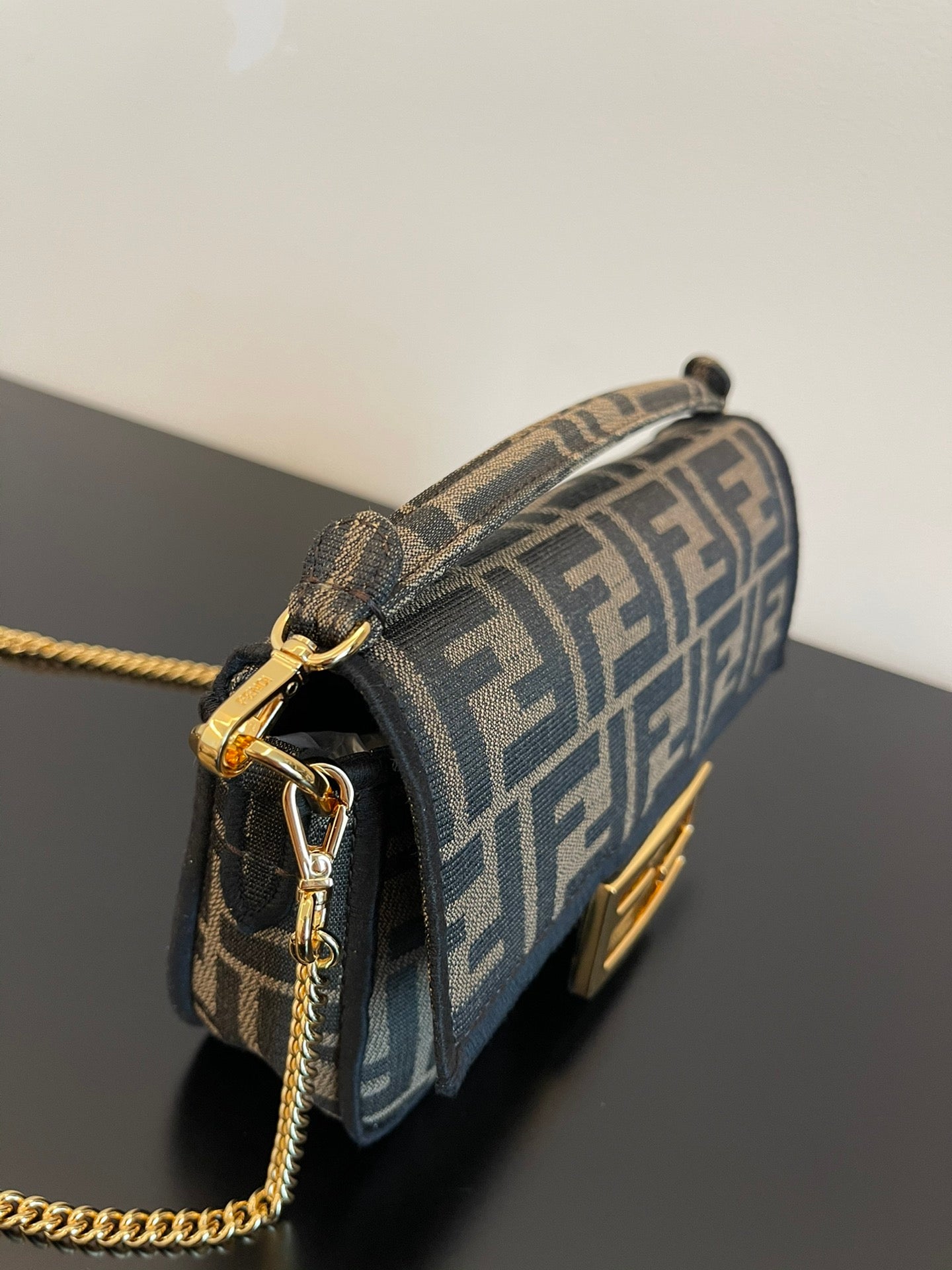 Fendi Baguette Zucca Monogram Canvas Shoulder Bag with Gold-Tone Chain