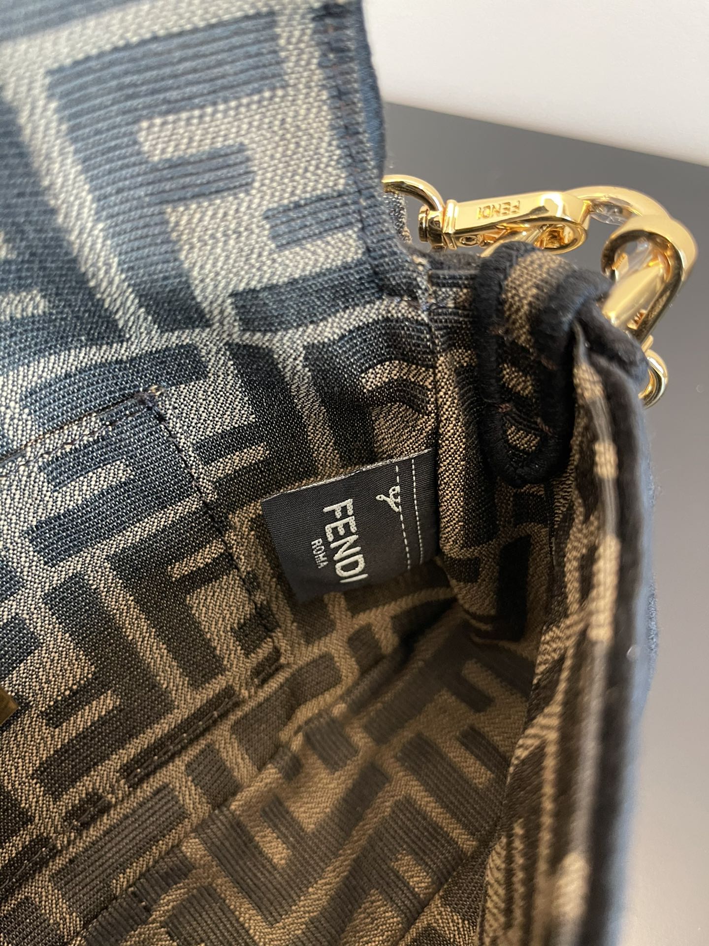 Fendi Mini Baguette Bag in FF Jacquard Fabric with Gold Chain Strap