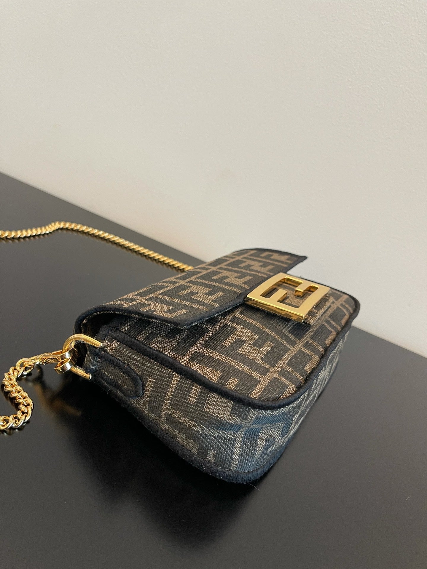 Fendi Baguette Zucca Monogram Canvas Shoulder Bag with Gold-Tone Chain