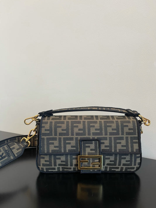 Fendi Baguette Mini Monogram Fabric Shoulder Bag - Brown/Grey