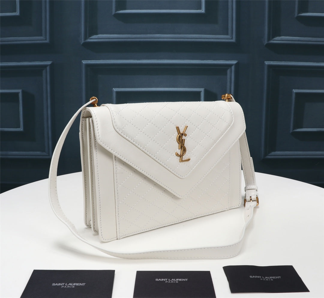 Saint Laurent Gaby Small Shoulder Bag in Quilted Leather - White/Gold