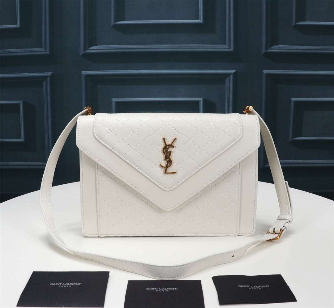 Saint Laurent Gaby Small Shoulder Bag in Quilted Leather - White/Gold