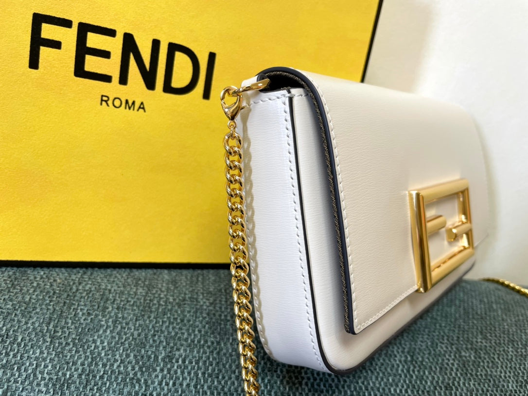 Fendi White Leather Baguette Shoulder Bag with Gold-Tone FF Logo