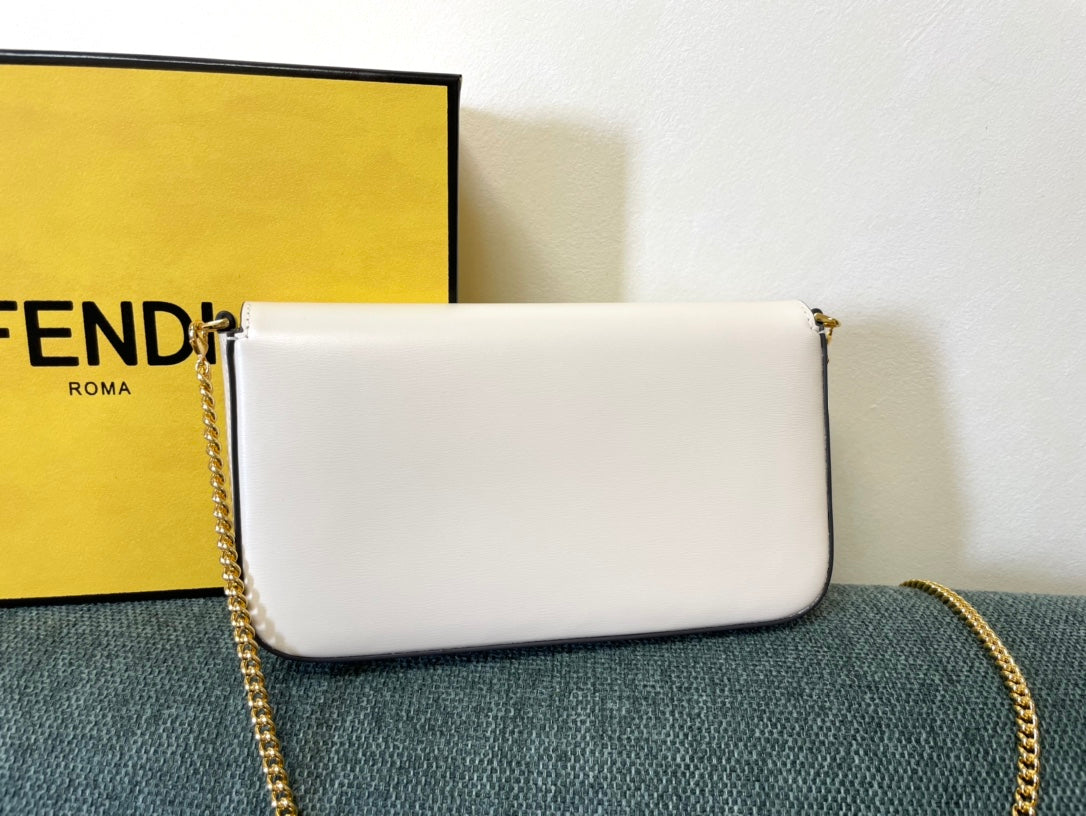 Fendi White Leather Baguette Shoulder Bag with Gold-Tone FF Logo