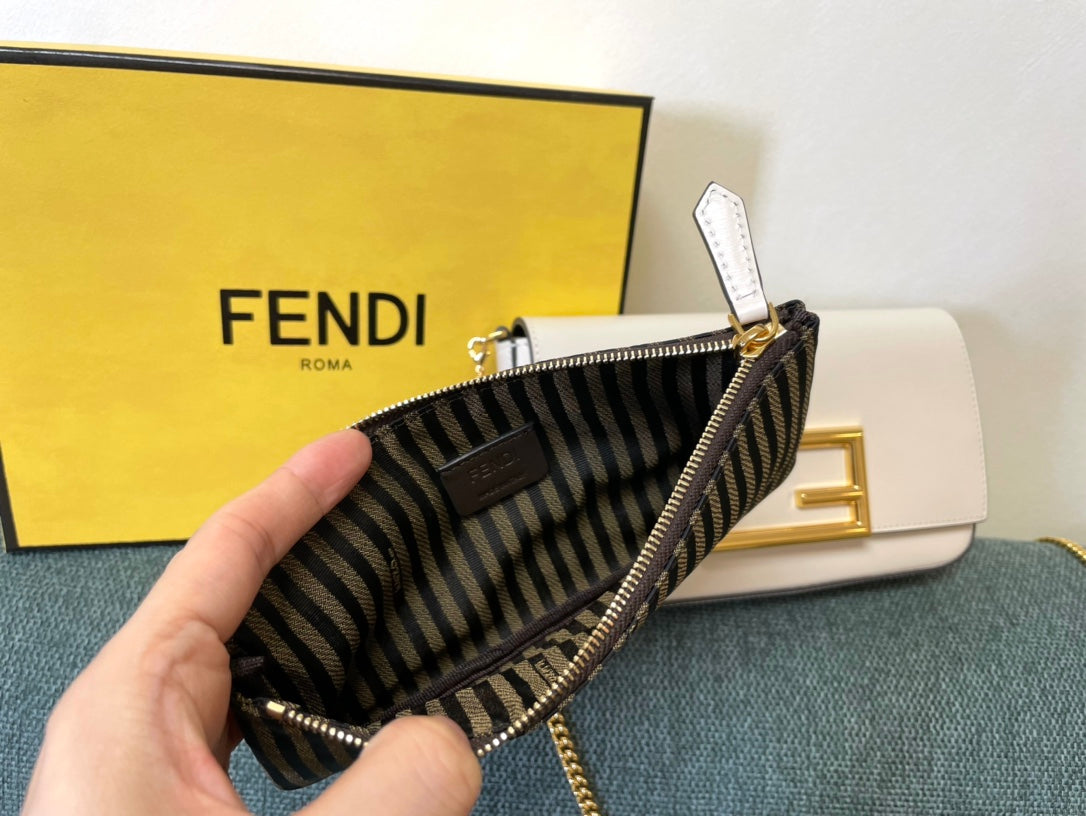Fendi White Leather Baguette Shoulder Bag with Gold-Tone FF Logo