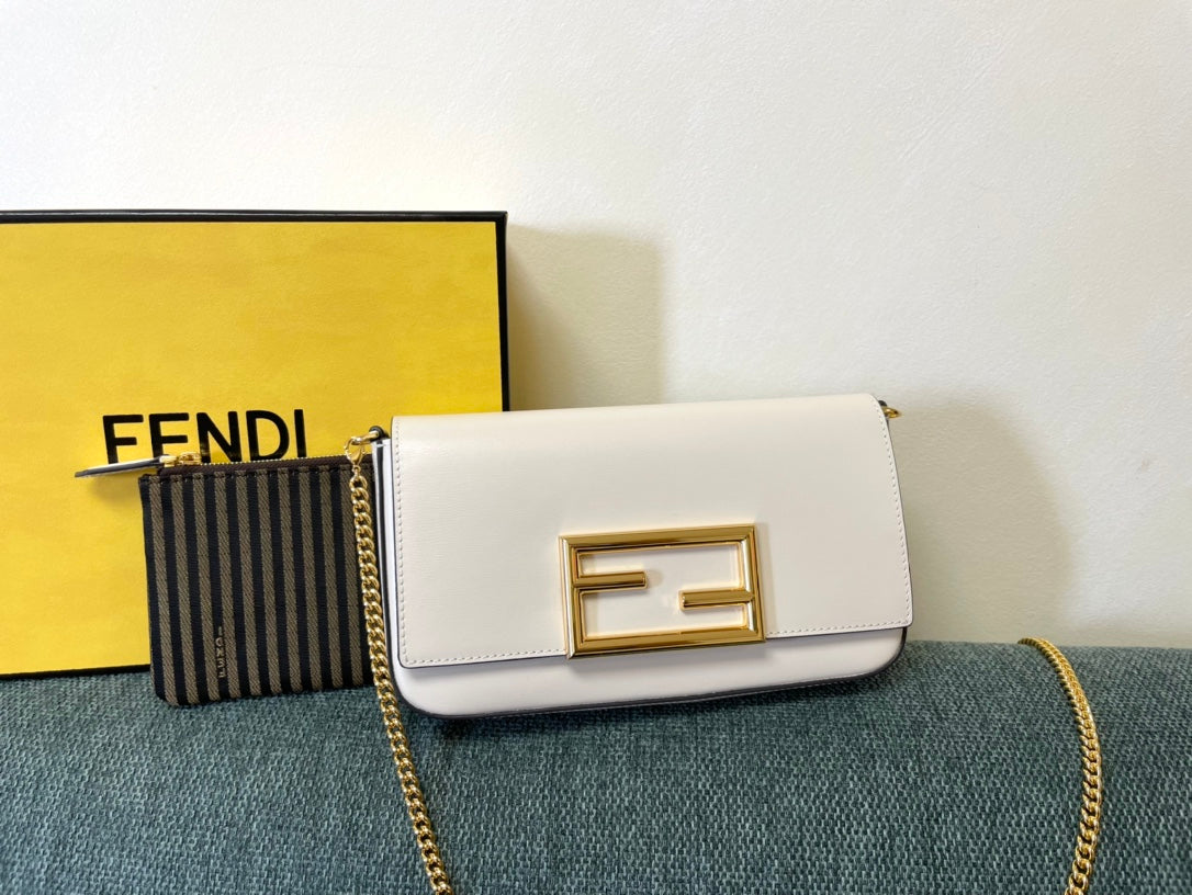 Fendi White Leather Baguette Shoulder Bag with Gold-Tone FF Logo