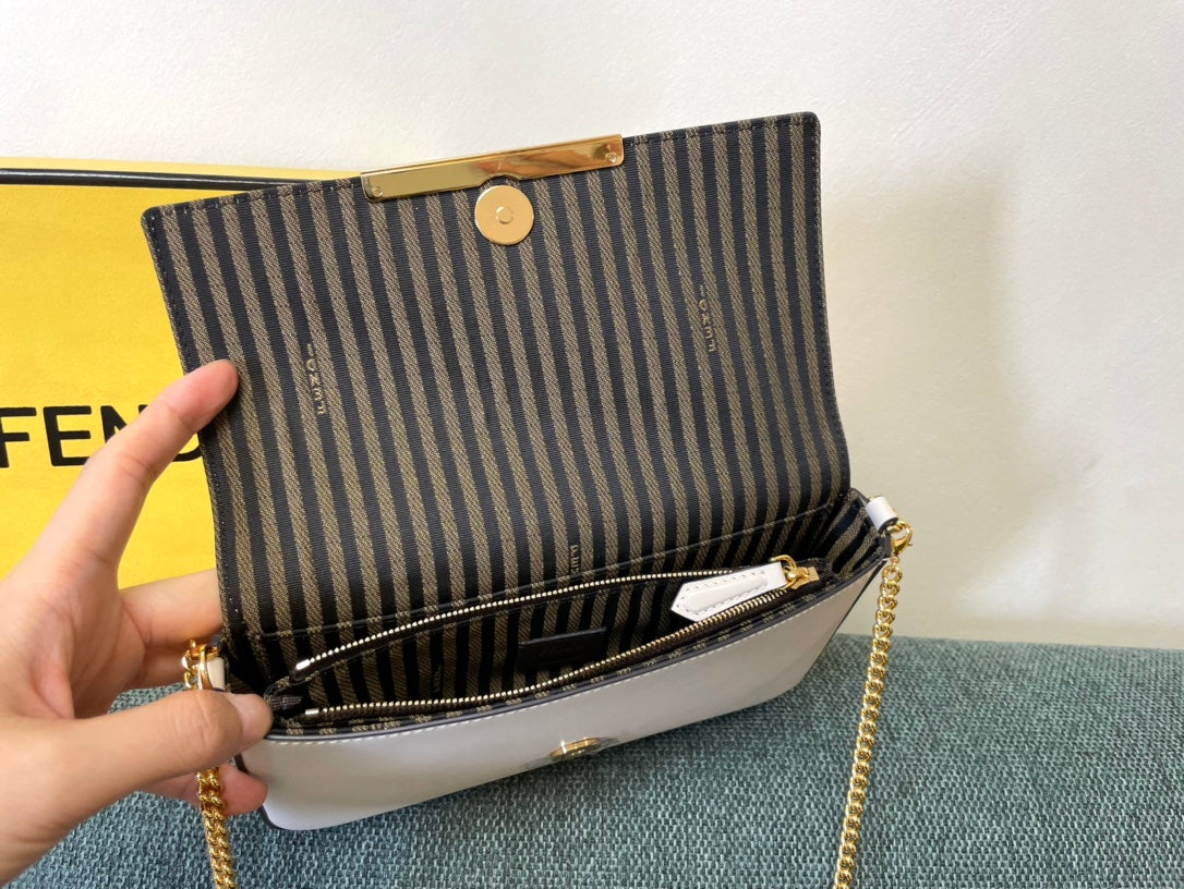 Fendi White Leather Baguette Shoulder Bag with Gold-Tone FF Logo