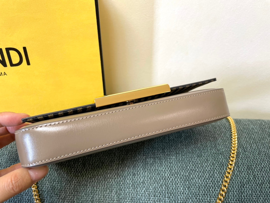 Fendi FF Logo Continental Wallet on Chain - Taupe Leather Crossbody Bag with Pouch
