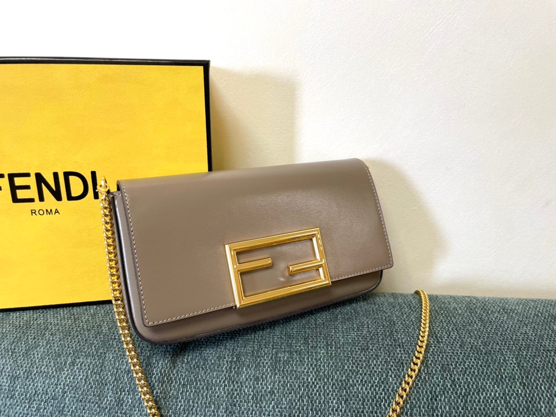 Fendi FF Logo Continental Wallet on Chain - Taupe Leather Crossbody Bag with Pouch