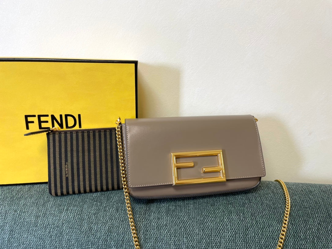 Fendi FF Logo Continental Wallet on Chain - Taupe Leather Crossbody Bag with Pouch
