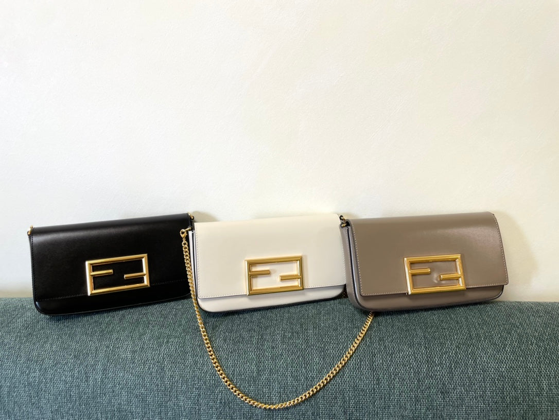 Luxury Designer Style Leather Shoulder Bag with FF Logo Gold Buckle - Multiple Colors