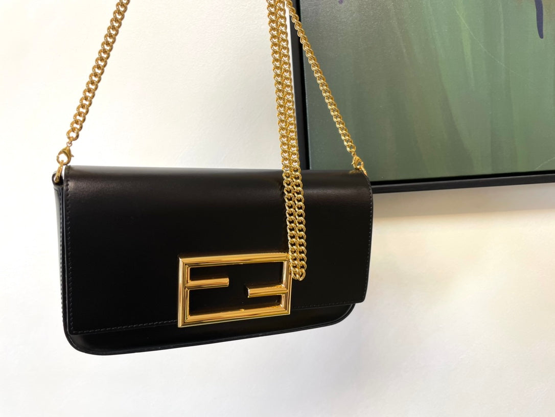 Luxury Designer Style Leather Shoulder Bag with FF Logo Gold Buckle - Multiple Colors
