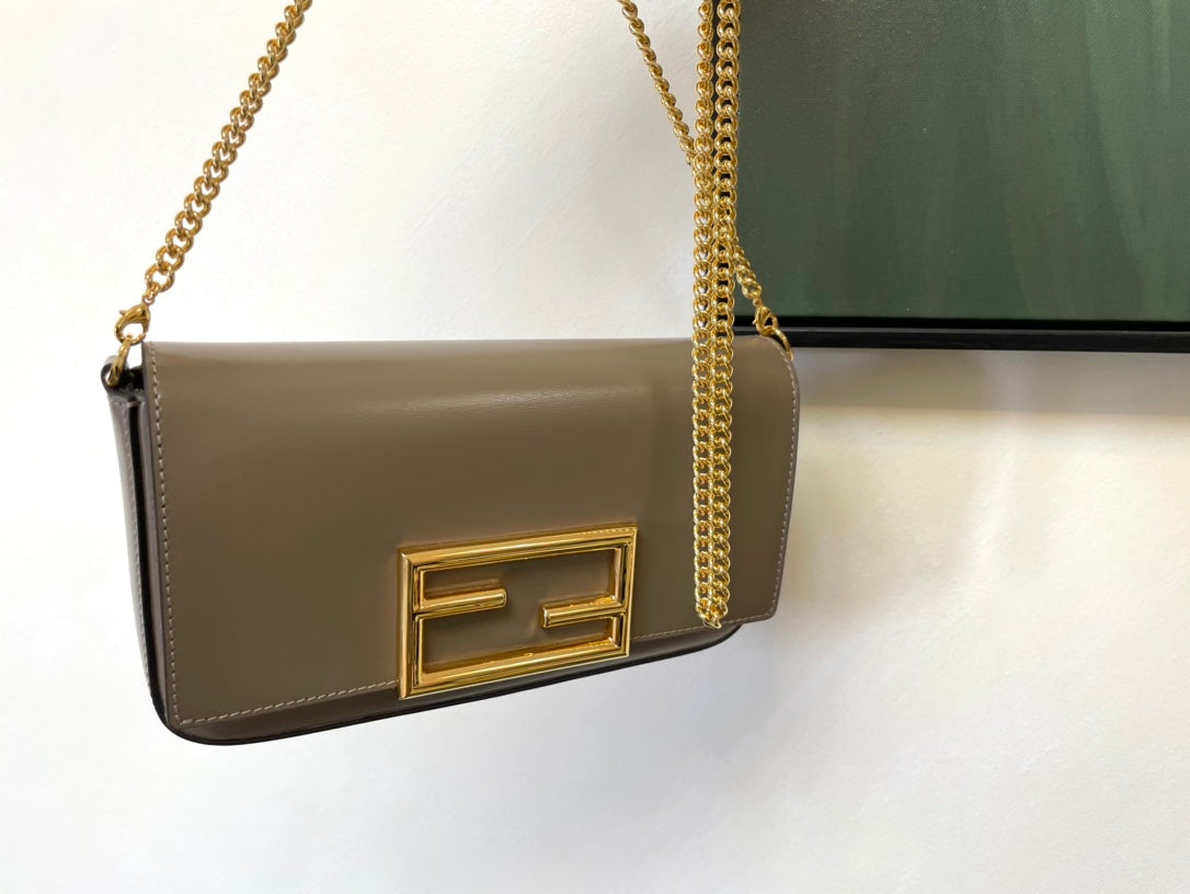 Luxury Designer Style Leather Shoulder Bag with FF Logo Gold Buckle - Multiple Colors