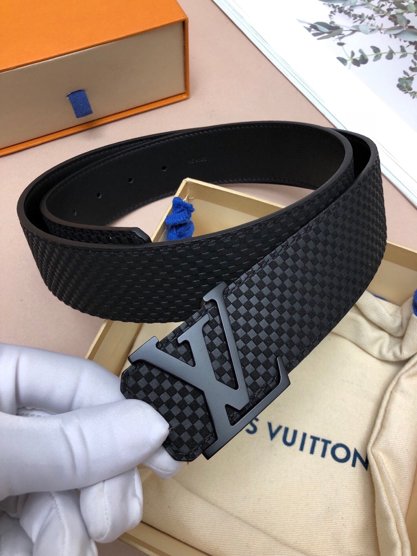 Louis Vuitton Men's LV Initiales 40mm Belt, Black Textured Damier Leather with Matte Black Buckle