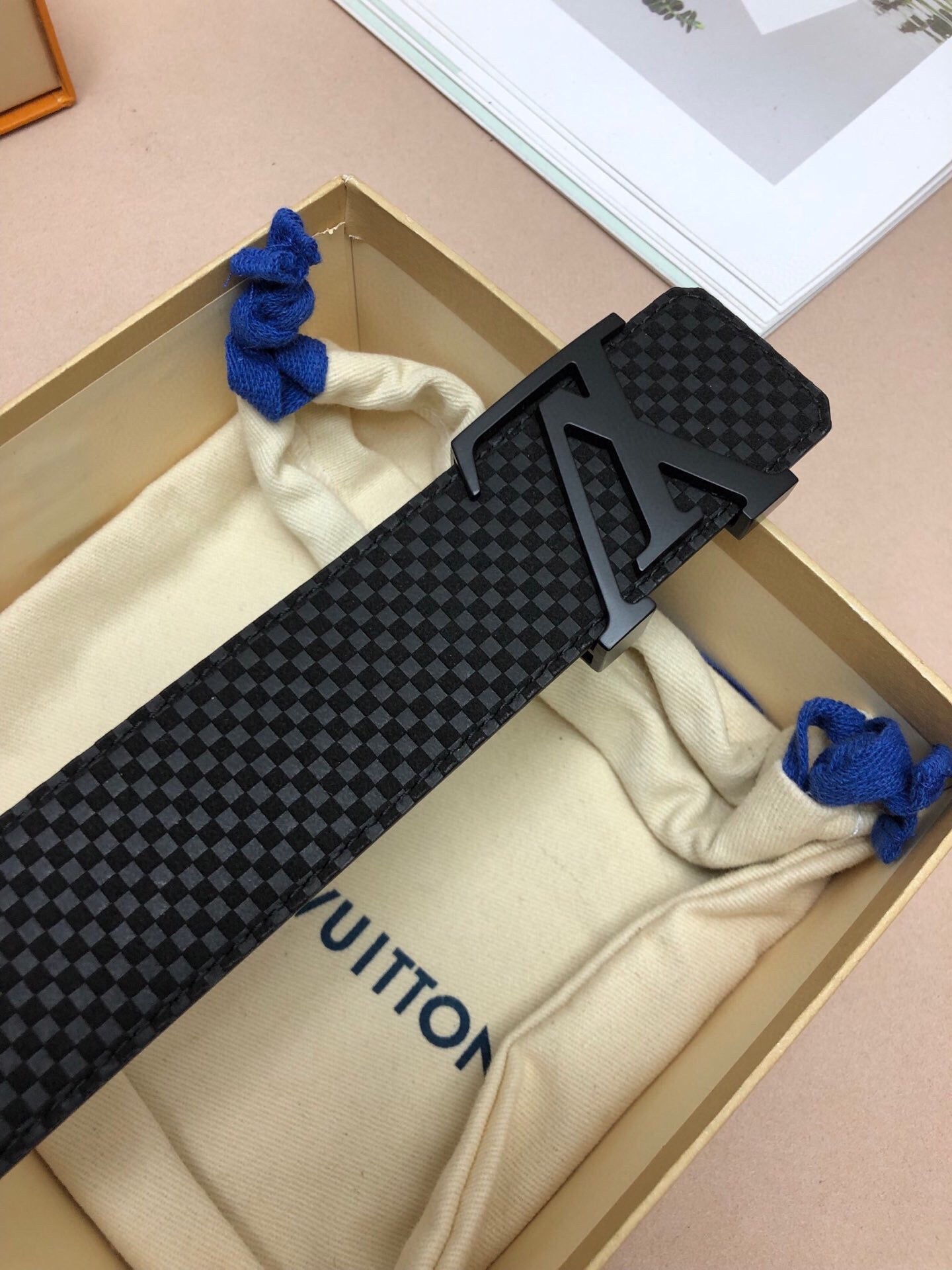 Louis Vuitton Men's LV Initiales 40mm Belt, Black Textured Damier Leather with Matte Black Buckle