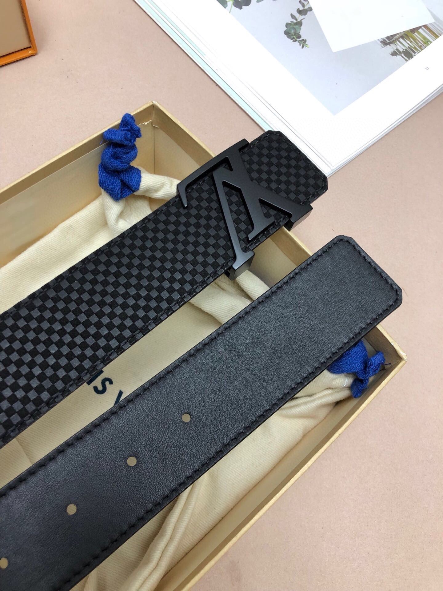 Louis Vuitton Men's LV Initiales 40mm Belt, Black Textured Damier Leather with Matte Black Buckle