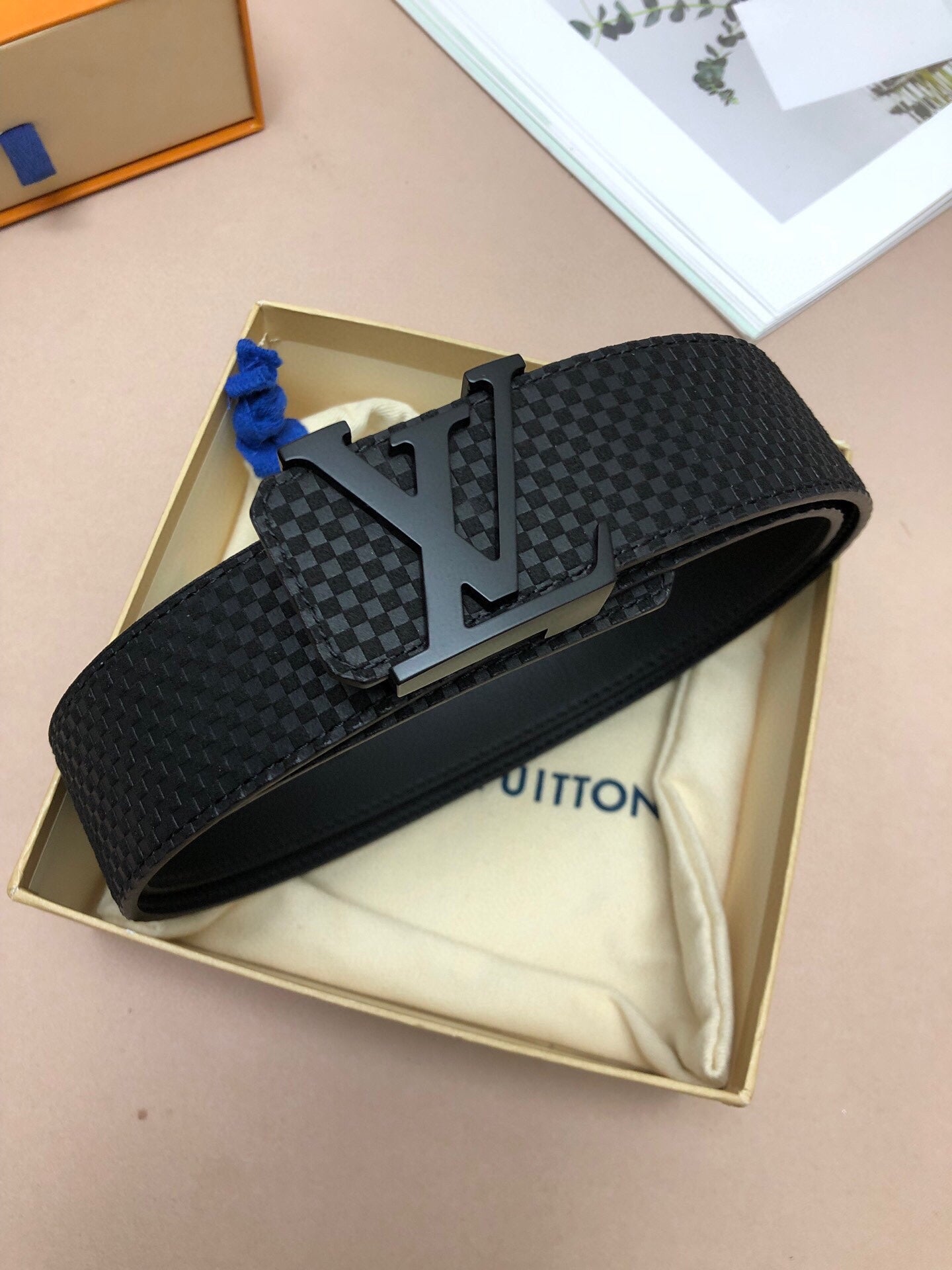 Louis Vuitton Men's LV Initiales 40mm Belt, Black Textured Damier Leather with Matte Black Buckle