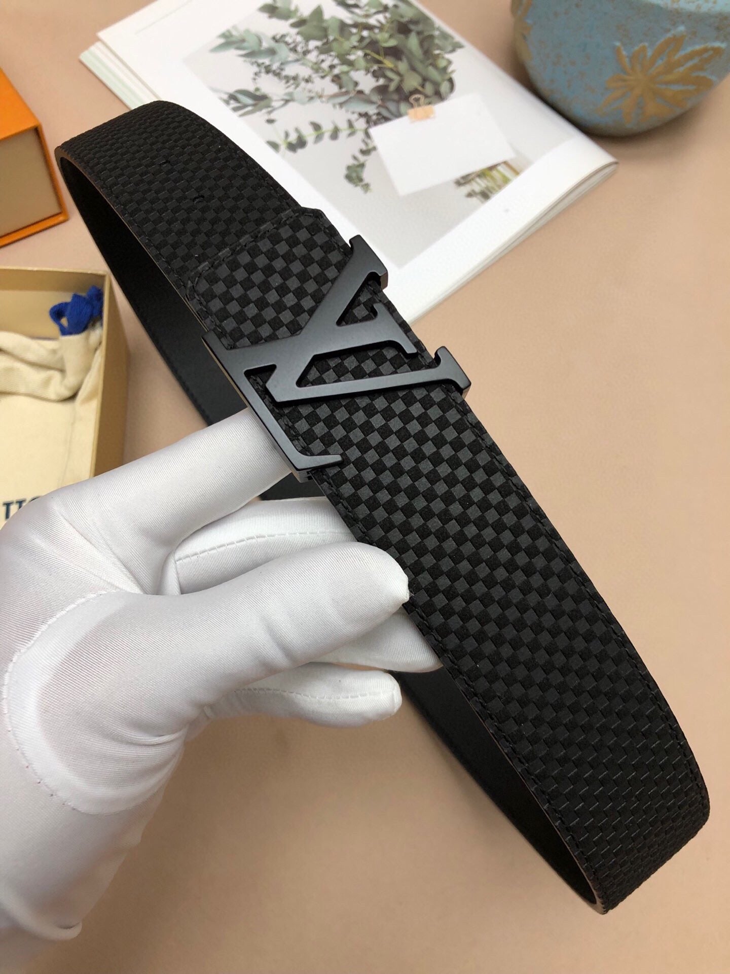 Louis Vuitton Men's LV Initiales 40mm Belt, Black Textured Damier Leather with Matte Black Buckle