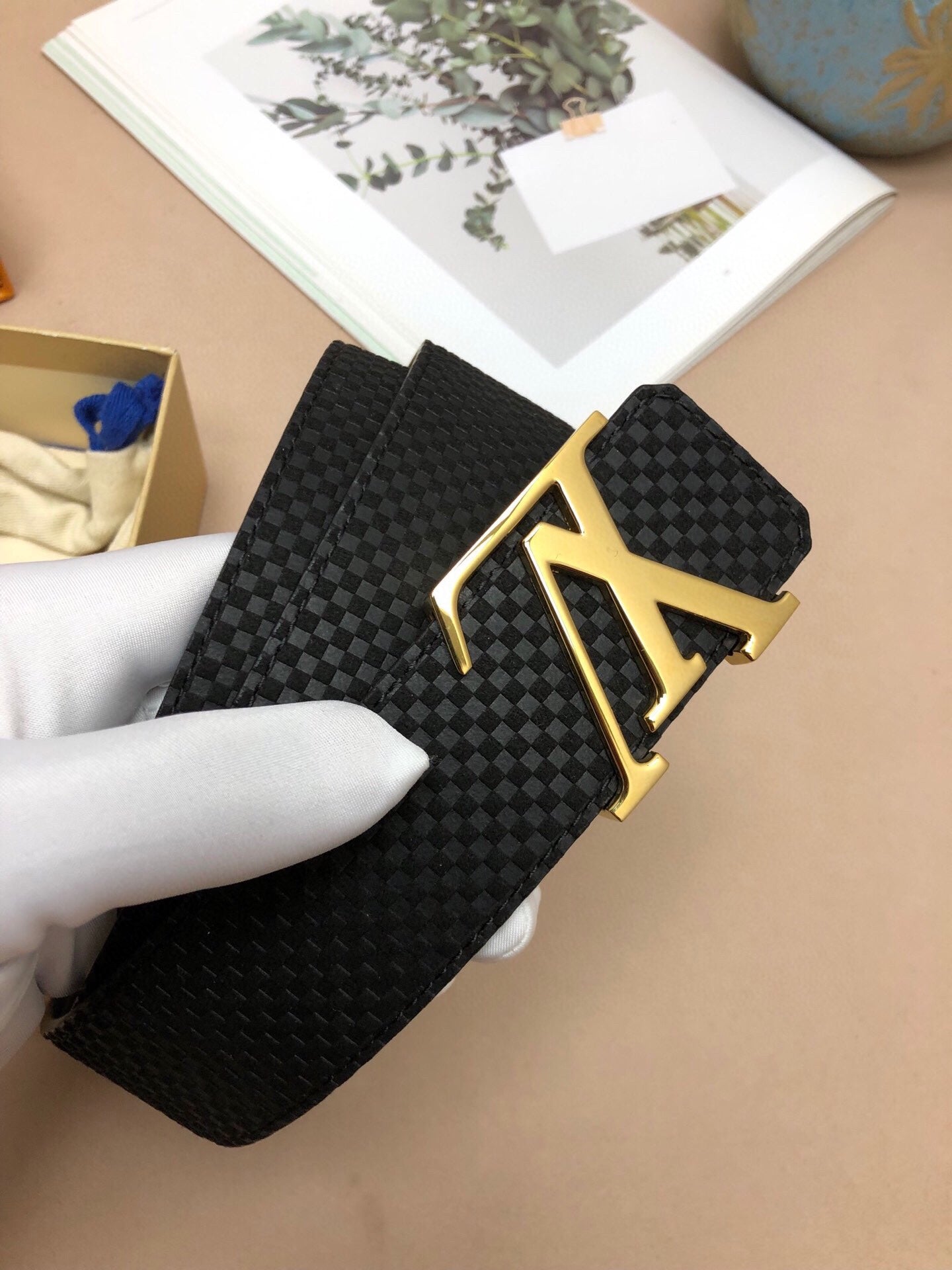 Louis Vuitton Men's LV Initials Belt, Black Damier Infini Leather with Gold-Tone Buckle, Luxury Designer Accessory