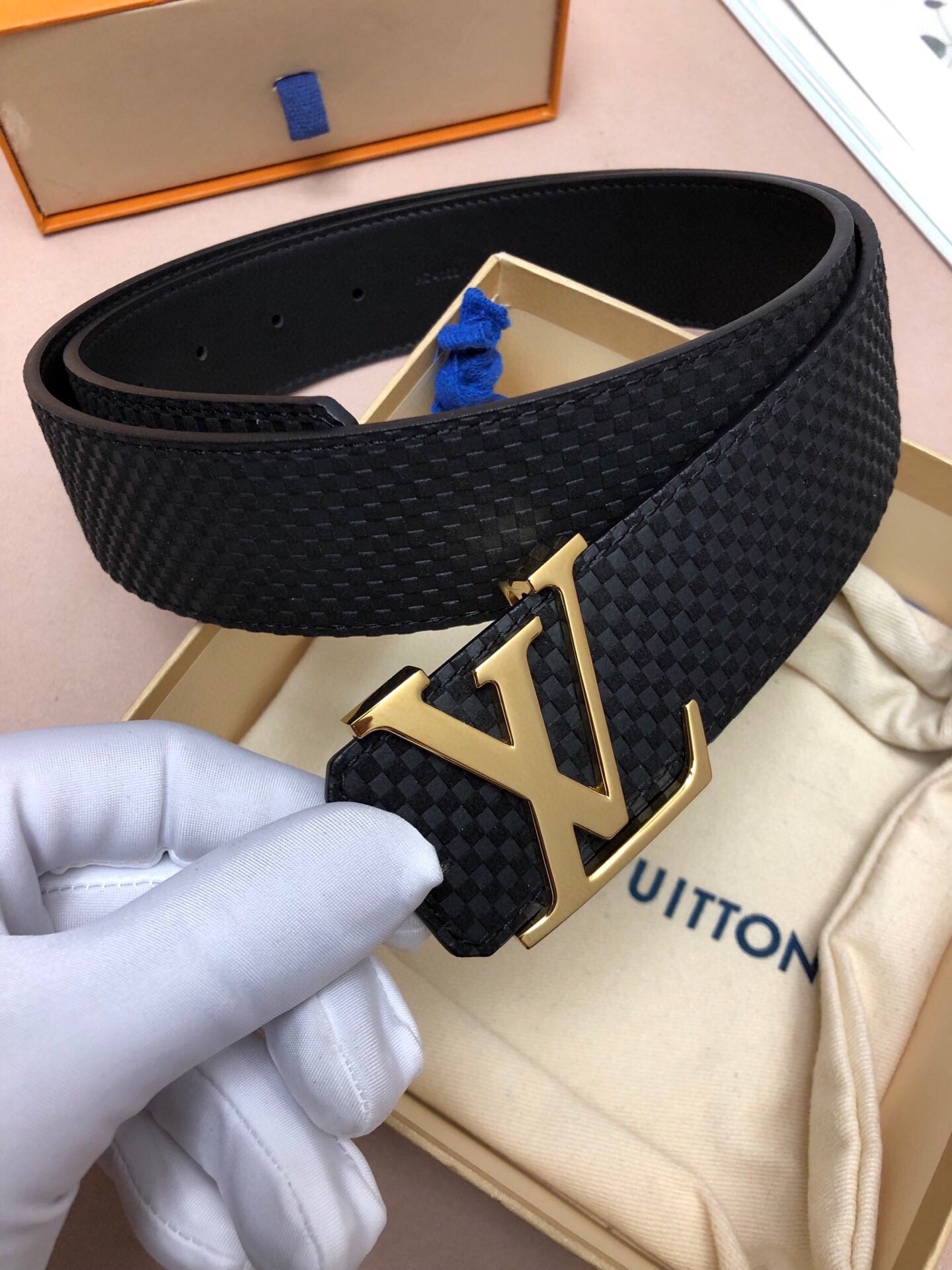 Louis Vuitton Men's LV Initials Belt, Black Damier Infini Leather with Gold-Tone Buckle, Luxury Designer Accessory