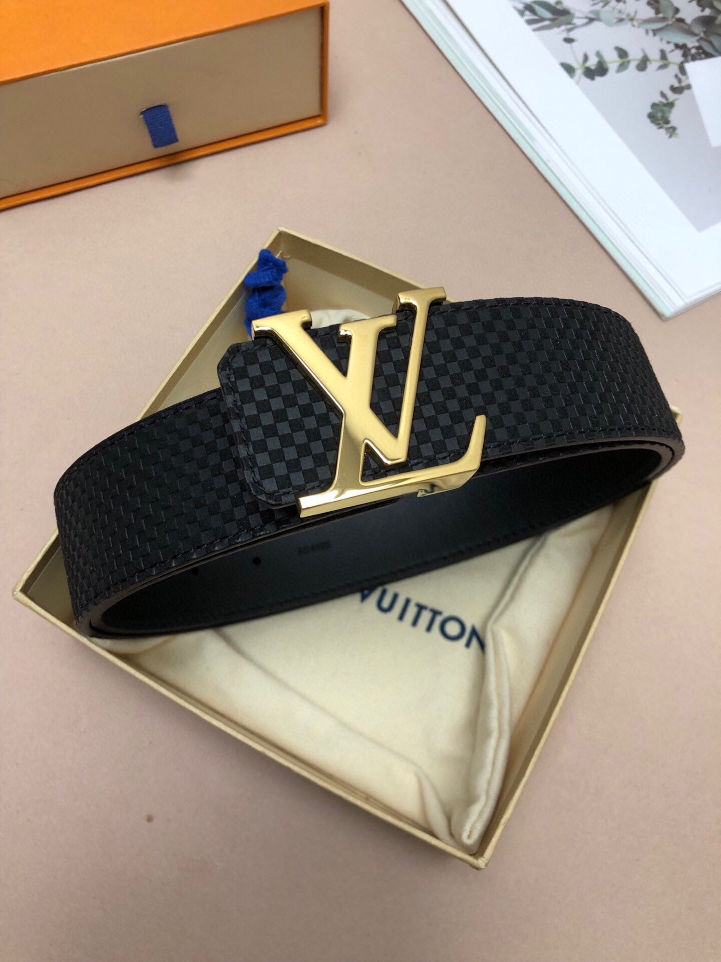 Louis Vuitton Men's LV Initials Belt, Black Damier Infini Leather with Gold-Tone Buckle, Luxury Designer Accessory