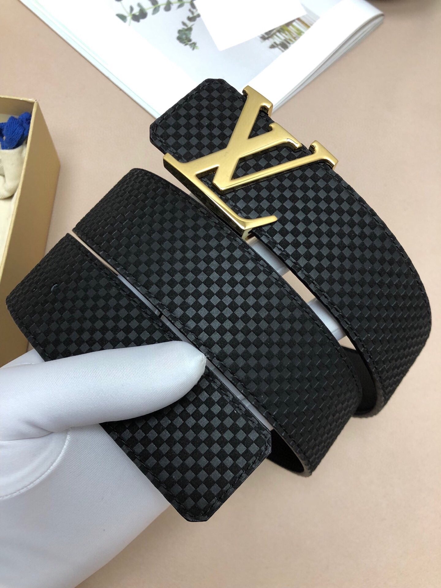 Louis Vuitton Men's LV Initials Belt, Black Damier Infini Leather with Gold-Tone Buckle, Luxury Designer Accessory