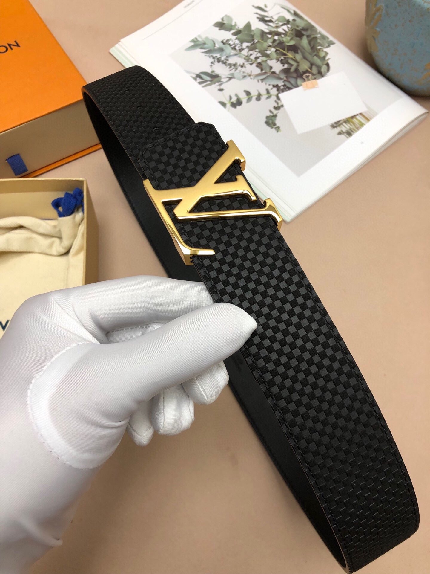 Louis Vuitton Men's LV Initials Belt, Black Damier Infini Leather with Gold-Tone Buckle, Luxury Designer Accessory