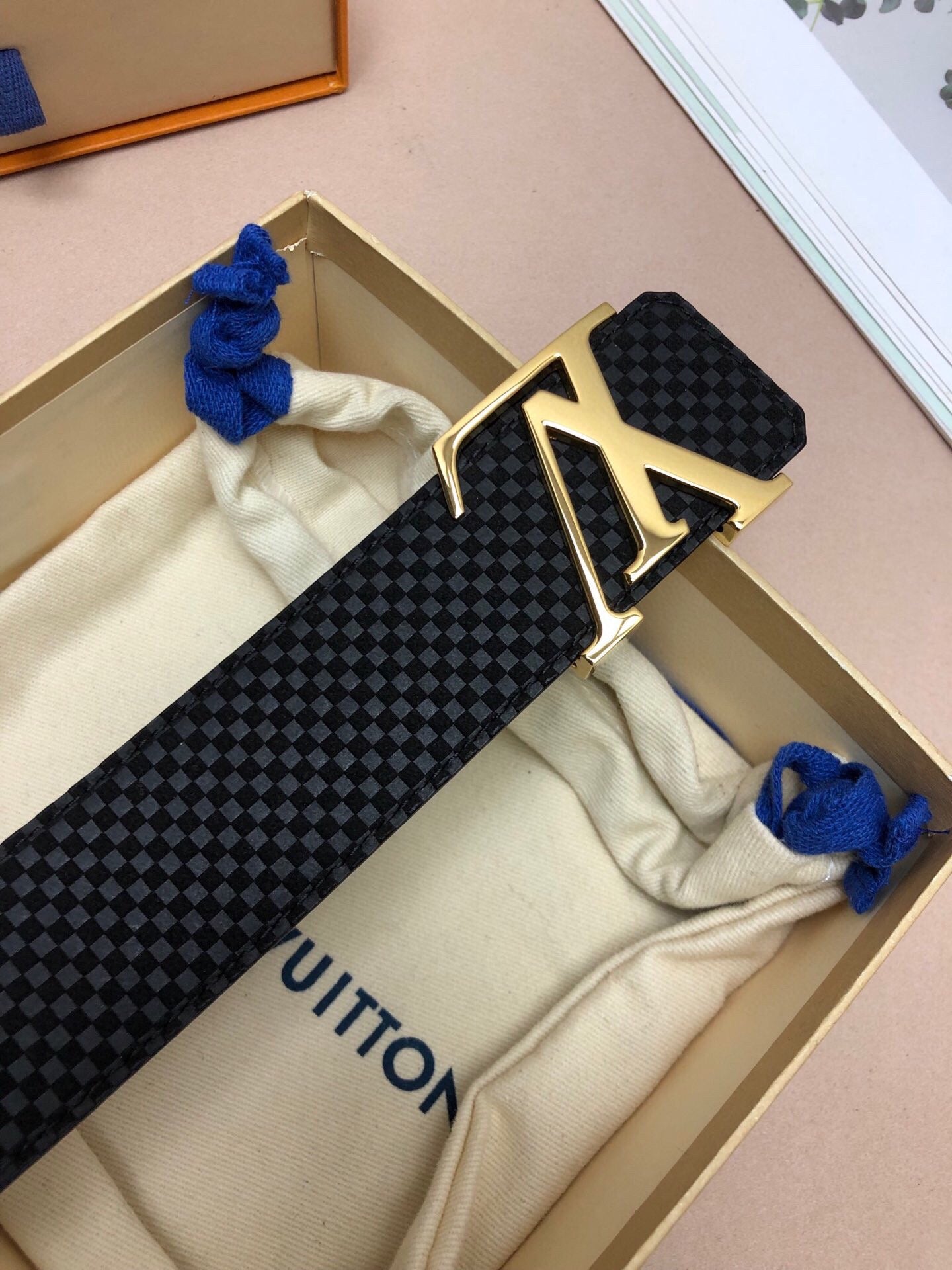 Louis Vuitton Men's LV Initials Belt, Black Damier Infini Leather with Gold-Tone Buckle, Luxury Designer Accessory