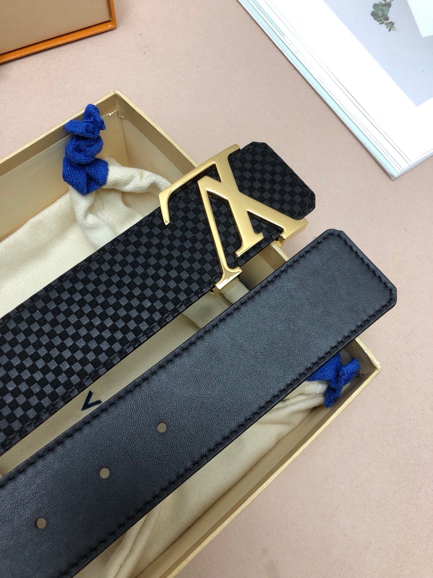 Louis Vuitton Men's LV Initials Belt, Black Damier Infini Leather with Gold-Tone Buckle, Luxury Designer Accessory