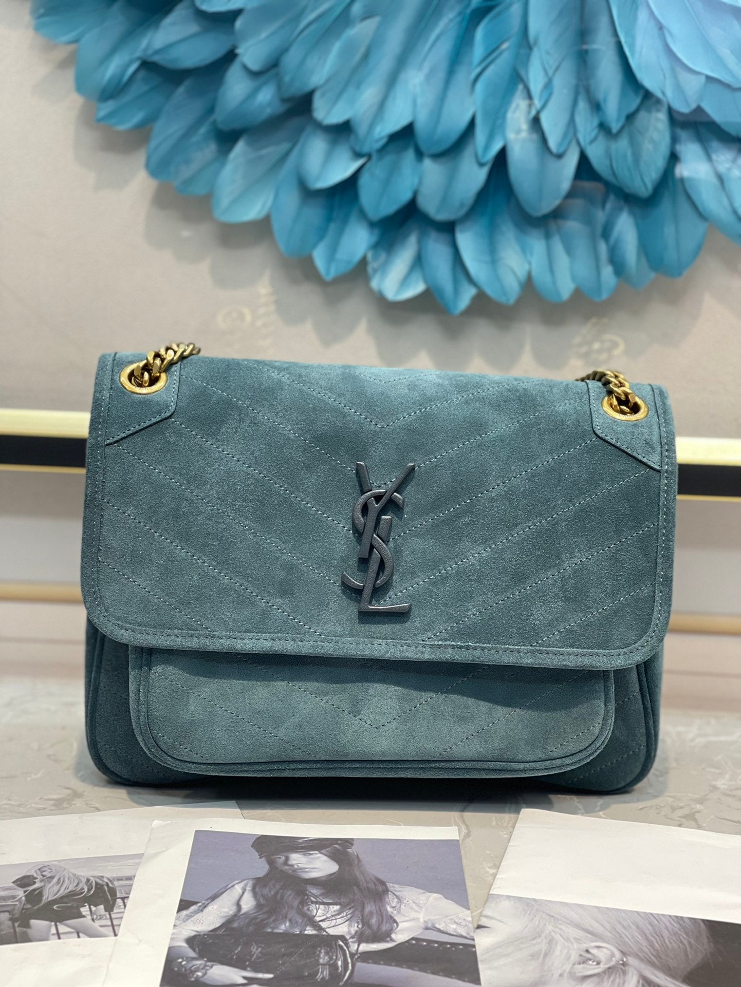 Saint Laurent Niki Medium Chain Bag in Blue Suede