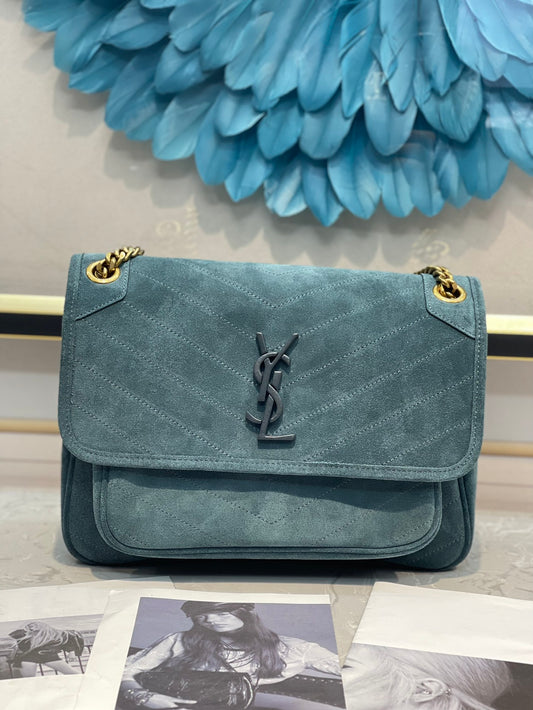 Saint Laurent Niki Medium Chain Bag in Blue Suede