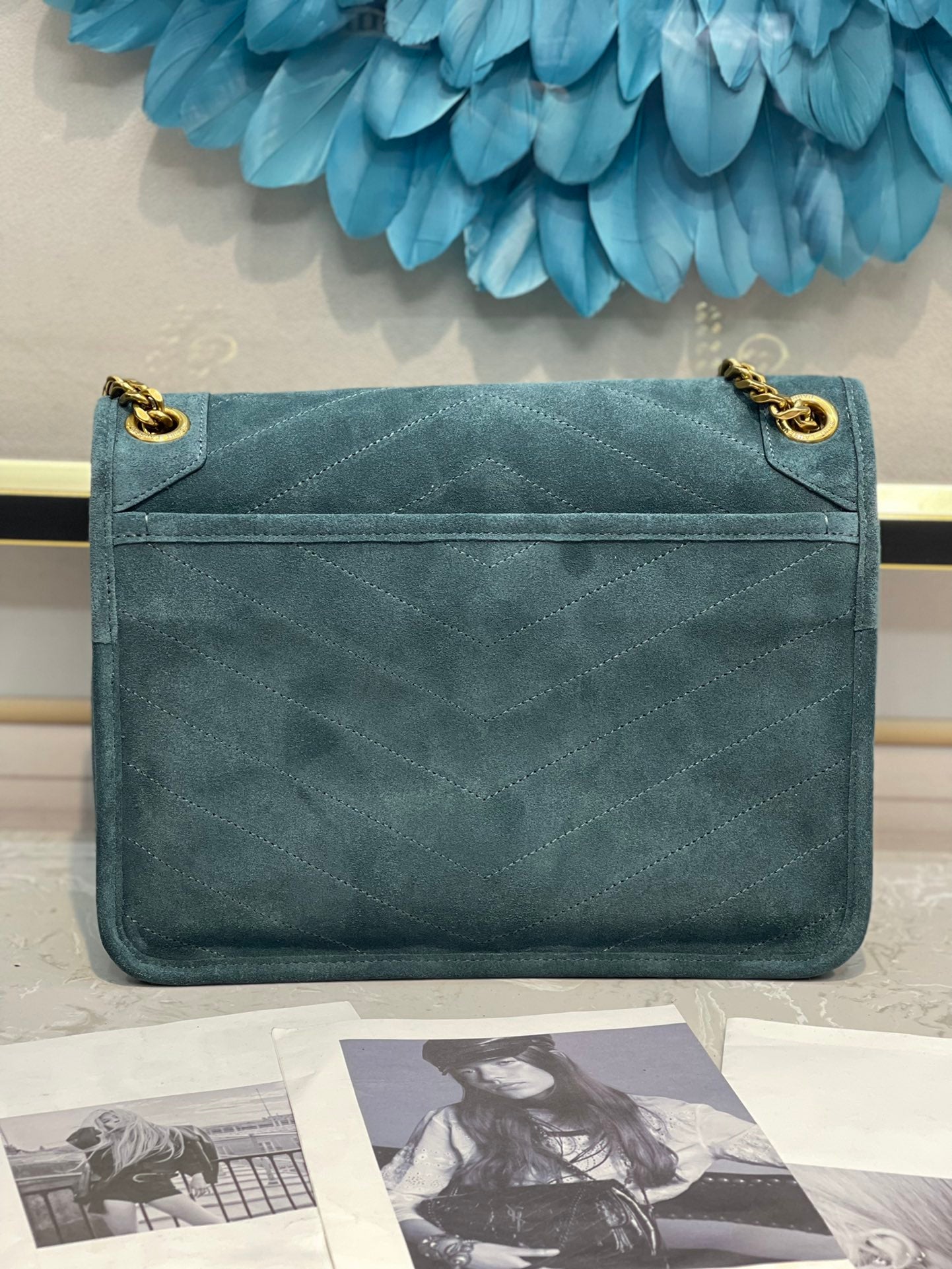 Saint Laurent Niki Medium Chain Bag in Blue Suede