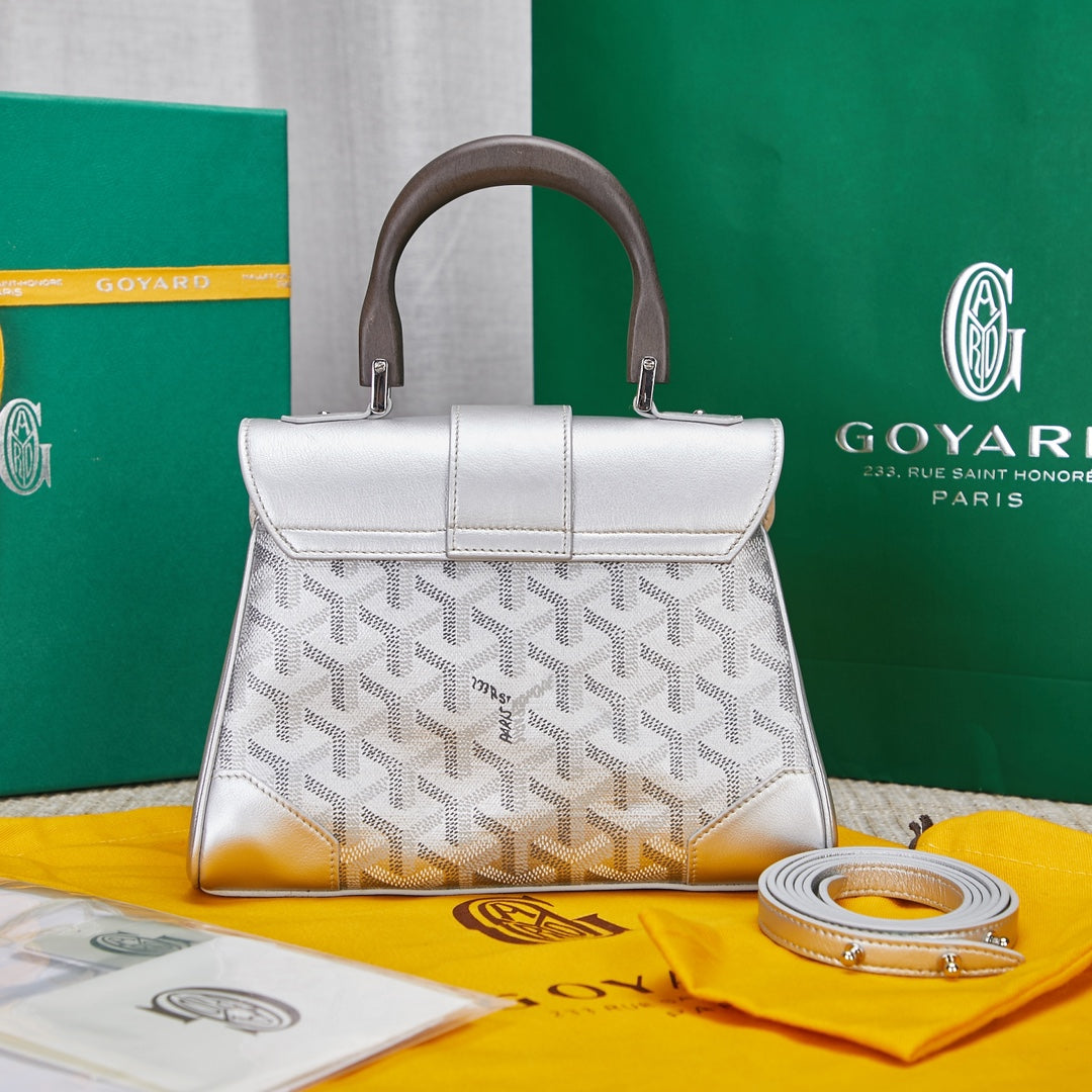 Gogy White Chevron Print Structured Leather Handbag with Top Handle