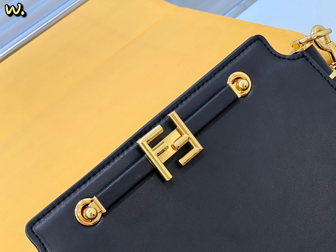 Fendi Black Leather Small Shoulder Bag with Gold-Tone FF Logo