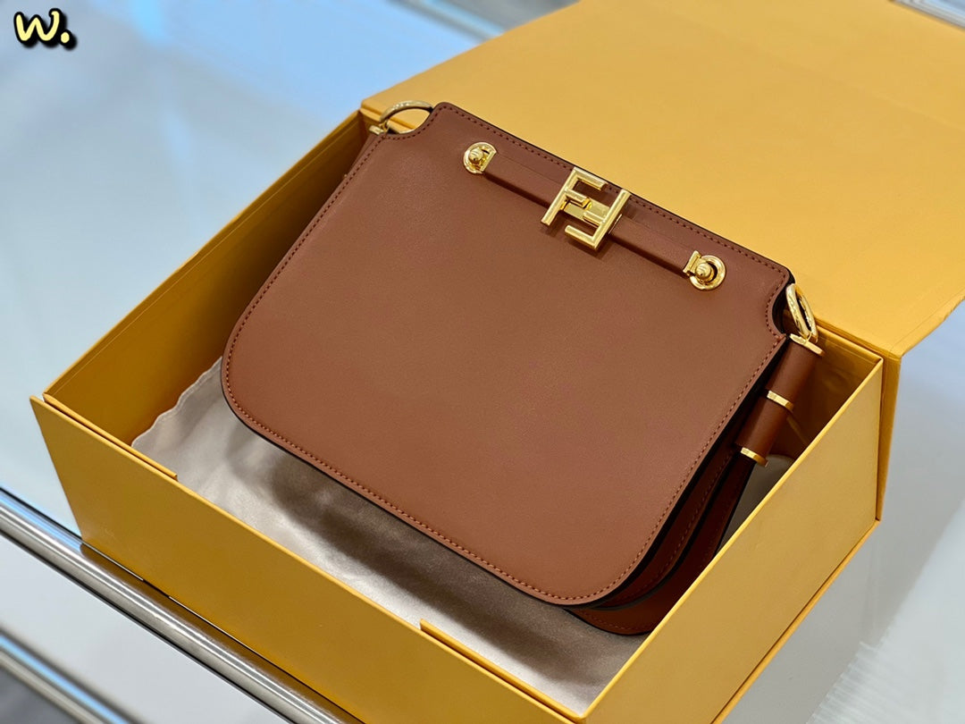 Fendi Black Leather Small Shoulder Bag with Gold-Tone FF Logo