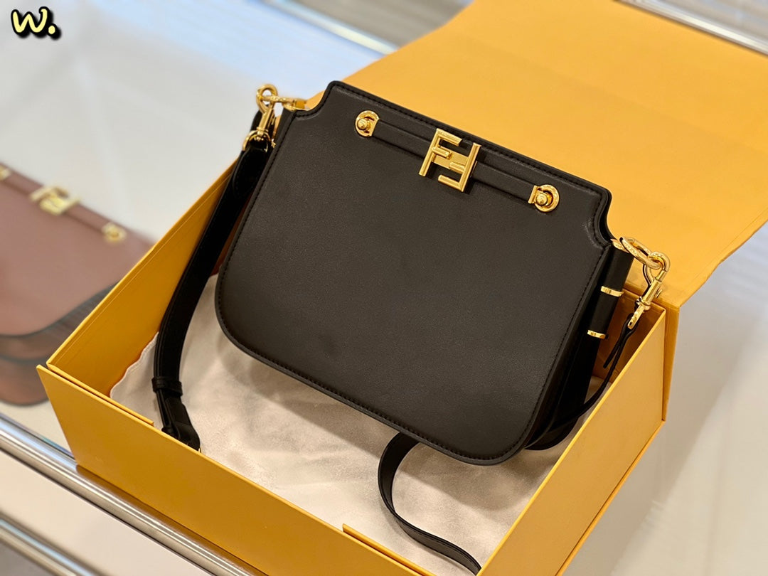 Fendi Black Leather Small Shoulder Bag with Gold-Tone FF Logo