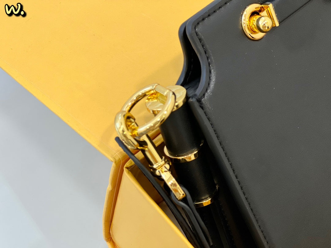 Fendi Black Leather Small Shoulder Bag with Gold-Tone FF Logo
