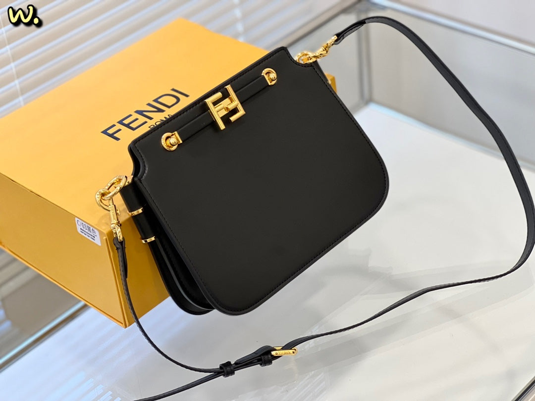 Fendi Touch Black Leather Shoulder Bag with Gold-Tone FF Logo
