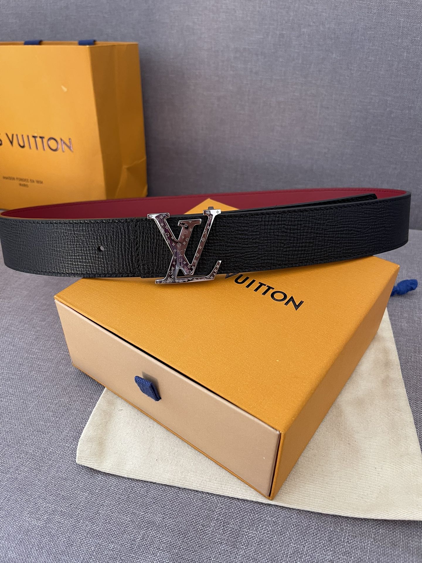 Louis Vuitton Reversible LV Initial Belt - Black and Red Leather with Silver-Tone Buckle