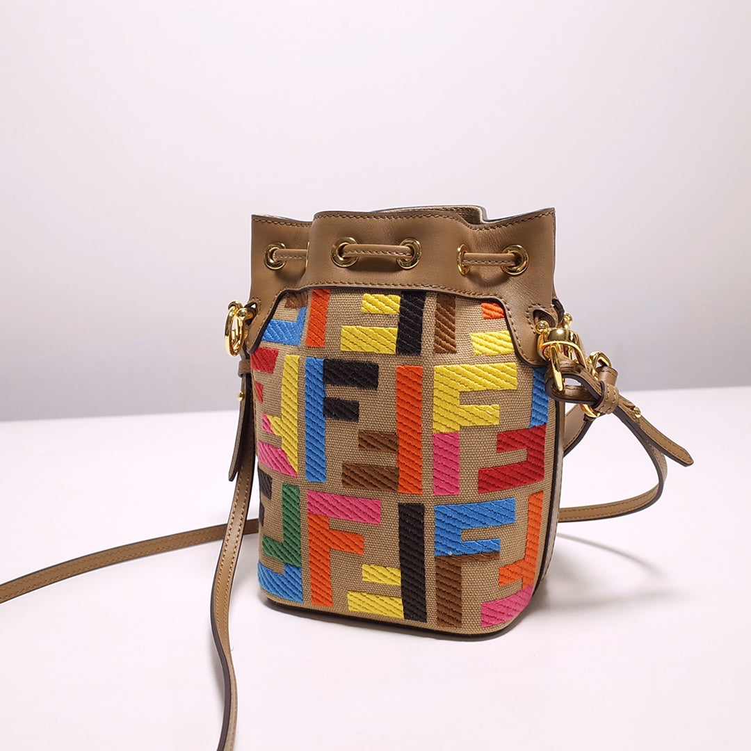 Monogram Multi-Color Canvas Mini Bucket Bag with Leather Trim